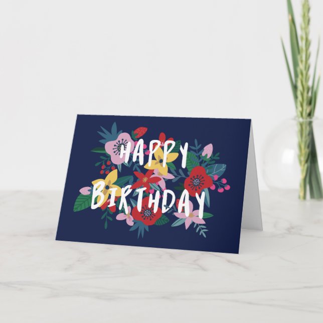 Pink Red Dark Blue Floral Happy Birthday Card (Front)