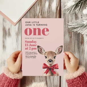 Pink & Red Deer Birthday Winter Woodland Party Invitation