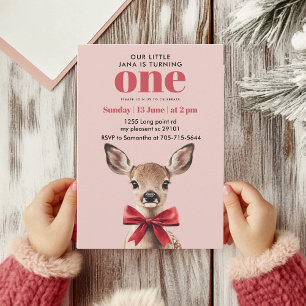 Pink & Red Deer Birthday Winter Woodland Party Invitation