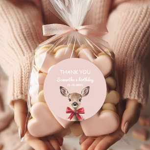 Pink & Red Deer Thank You   Woodland Birthday Classic Round Sticker