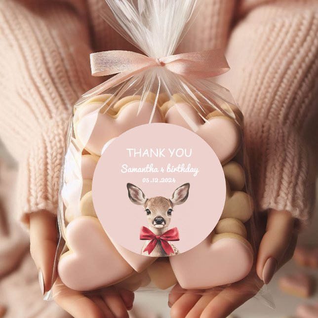 Pink & Red Deer Thank You | Woodland Birthday Classic Round Sticker (Creator Uploaded)