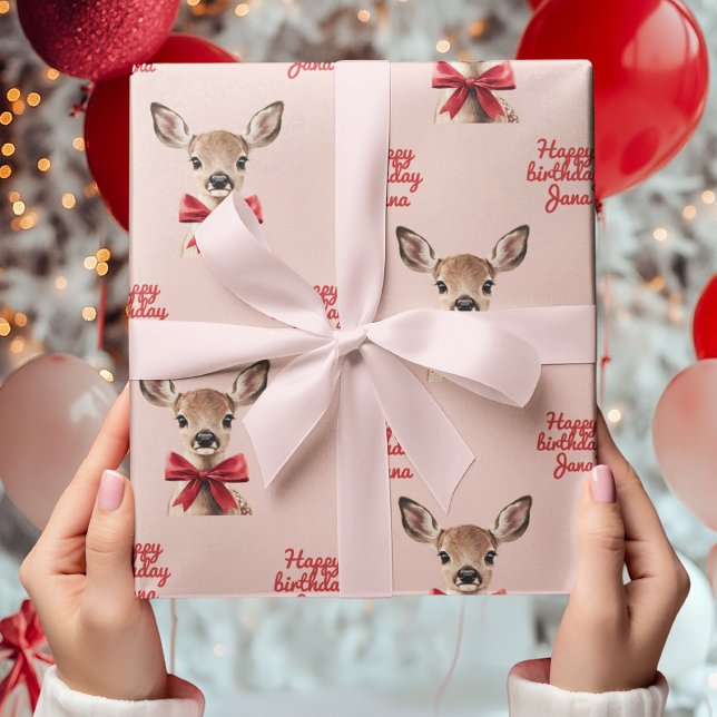Pink & Red Deer Wrapping Paper | Woodland Birthday (Creator Uploaded)