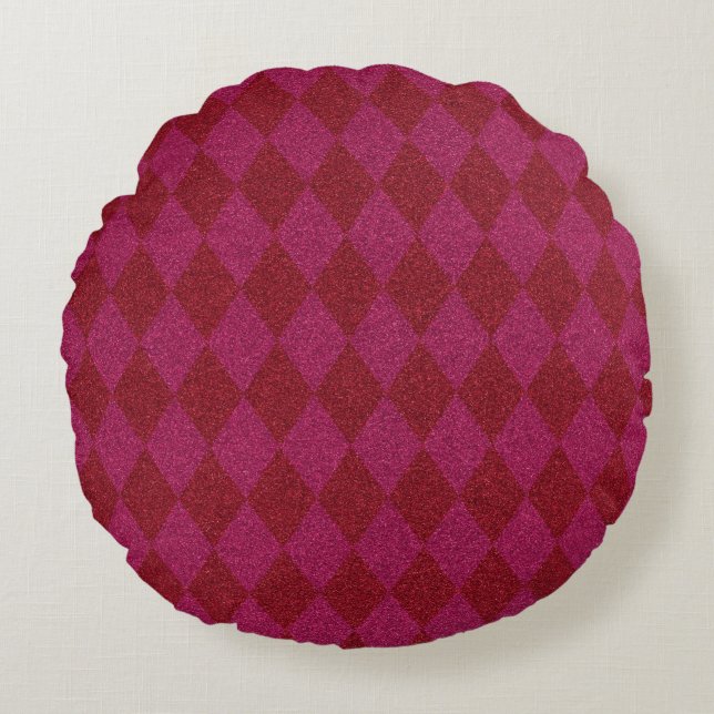 Pink & Red Diamond Glitter Pouf Round Cushion (Front)