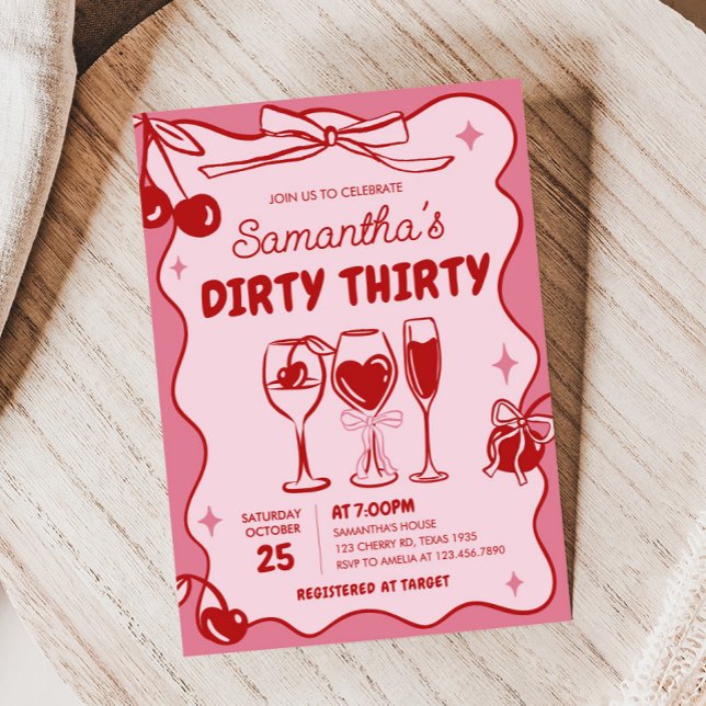Pink Red Dirty Thirty Birthday Party Invitation (Hand Drawn Cherry Dirty Thirty Birthday Party Invitation)
