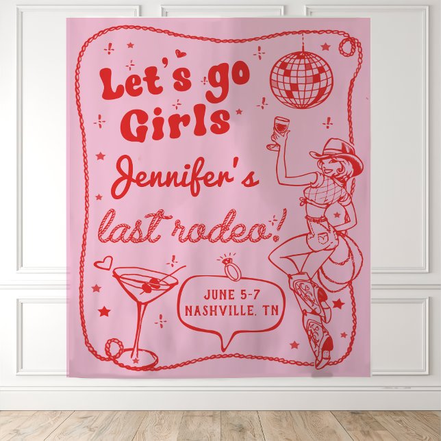 Pink Red Disco Cowgirl Rodeo Bachelorette Weekend Tapestry (Creator Uploaded)