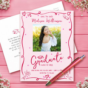 Pink Red Doodles Graduation Save the Date Photo Invitation Postcard