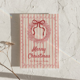 Pink Red Drawn Wreath Bow Christmas Non-Photo Holiday Card