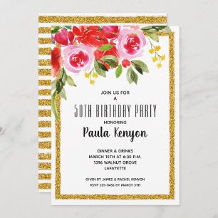 Pink Red Floral 50th Birthday Glitter Invitations