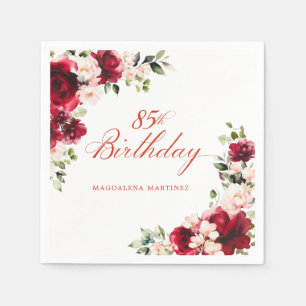Pink Red Floral 85th Birthday Custom Cocktail Napkin