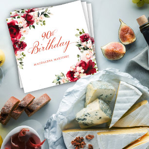 Pink Red Floral 90th Birthday Custom Cocktail Napkin