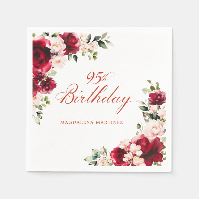 Pink Red Floral 95th Birthday Custom Cocktail Napkin (Front)