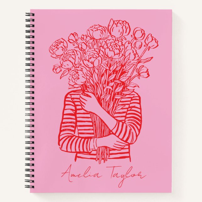 Pink Red Floral Art Doodle Trendy Personalized Notebook (Front)