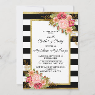 Pink Red Floral Black White Stripes Gold Birthday Invitation