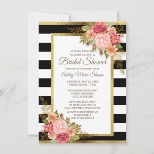 Pink Red Floral Black White Stripes Gold Bridal Invitation