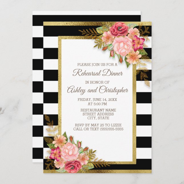 Pink Red Floral Black White Stripes Gold Wedding Invitation (Front/Back)