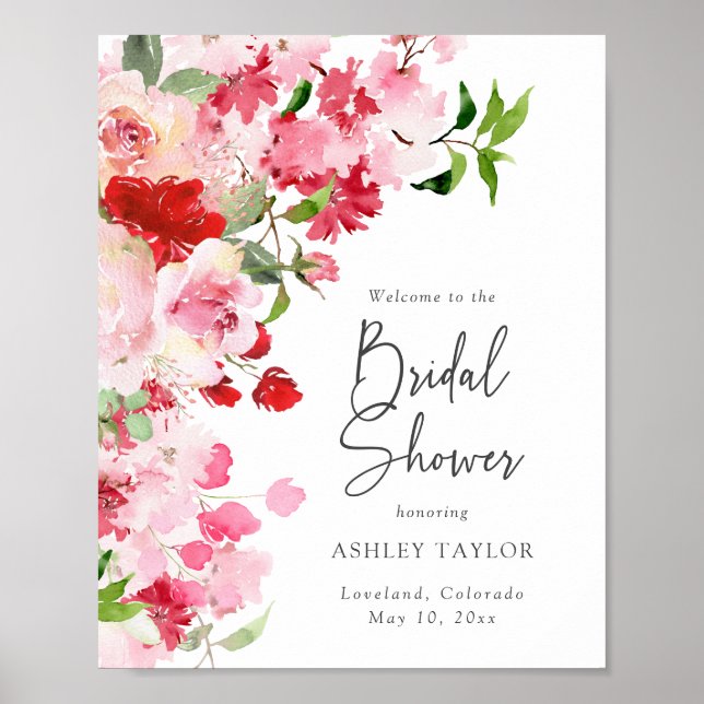 Pink Red Floral Bridal Shower Poster (Front)