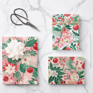 Pink Red Floral Christmas Wrapping Paper Sheet