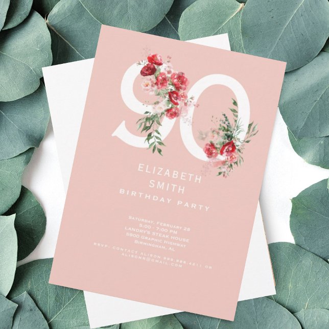 Pink & Red Floral Elegant 90th Birthday Party  Invitation (Creator Uploaded)
