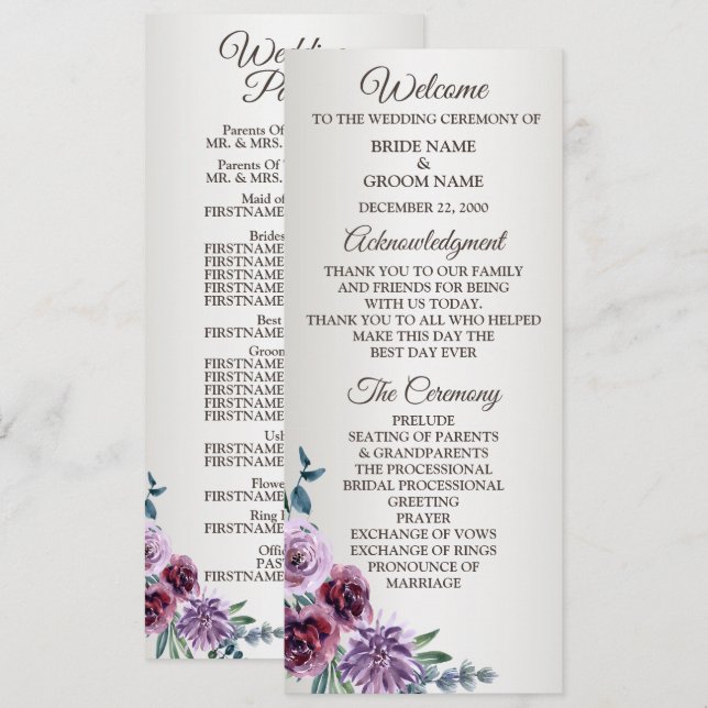 Pink Red Floral Geometric Watercolor Wedding Program (Front/Back)