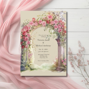 Pink & Red Floral Ornate Arch Wedding Invitation