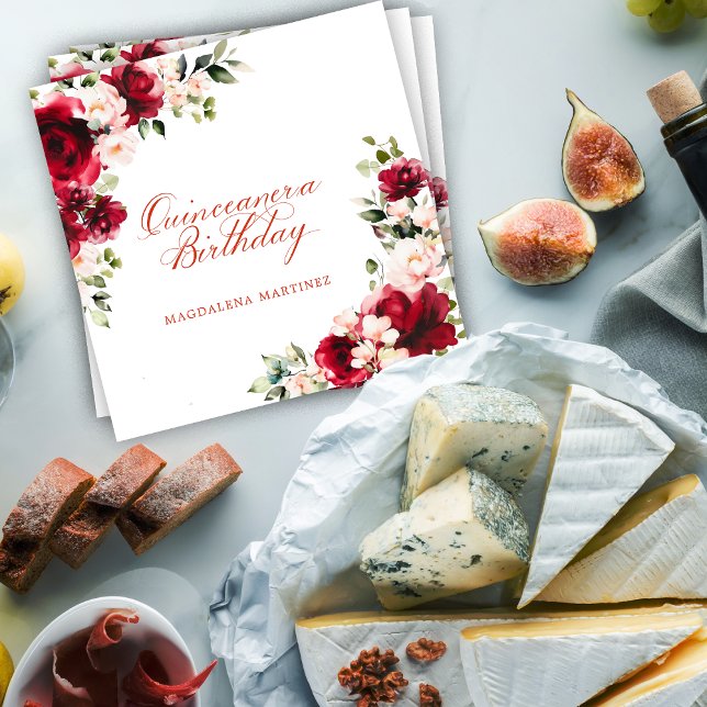 Pink Red Floral Quiceanera Birthday Personalised Napkin (Creator Uploaded)