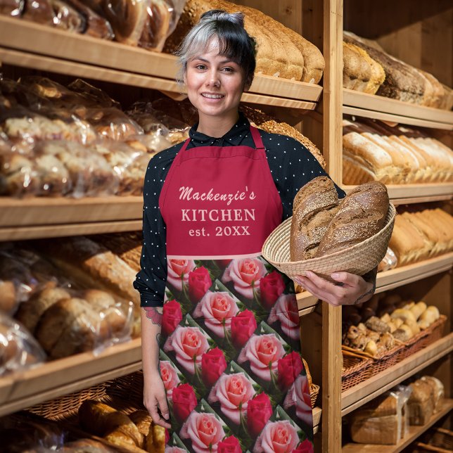 Pink Red Floral Roses Pattern Custom Name Apron (Pink Red Floral Roses Pattern Custom Name Apron)
