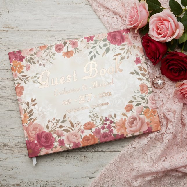 Pink &Red Floral Spring Wedding Guest Book (Flat lay pink red watercolor floral vintage spring garden foil wedding guest book )