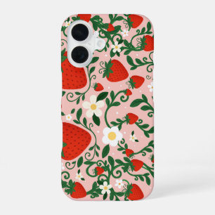 Pink & Red Floral Vines Strawberry Cute iPhone 16 Case