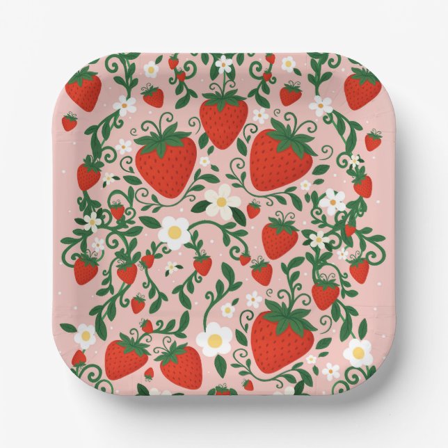 Pink & Red Floral Vines Strawberry Party Stickers Paper Plate (Front)
