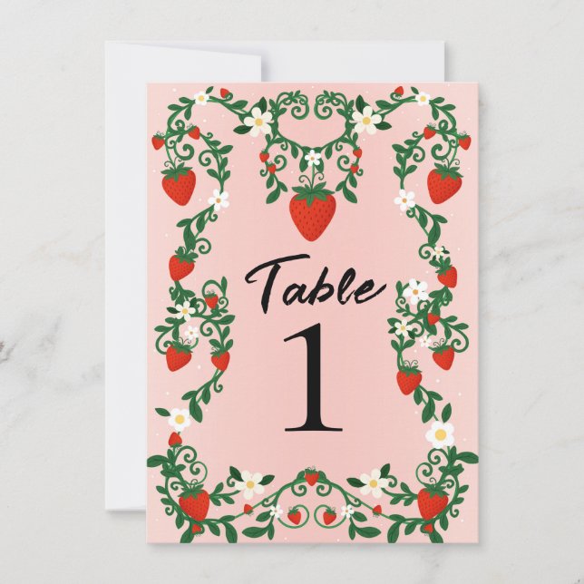 Pink & Red Floral Vines Strawberry Table Number (Front)