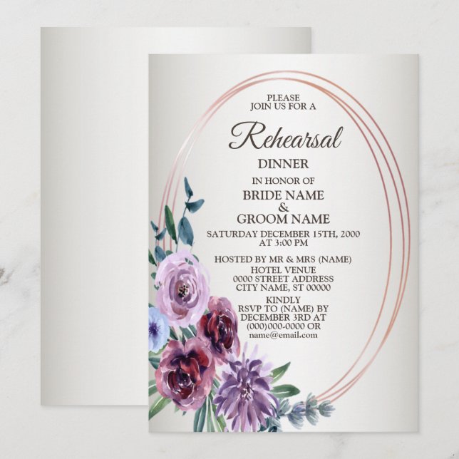 Pink Red Floral Watercolor Rehearsal Dinner Party Invitation (Front/Back)