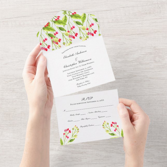 Pink Red Floral Wedding All In One Invitation (Tearaway)