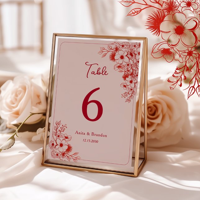 Pink Red Floral Wedding Table Number (Creator Uploaded)