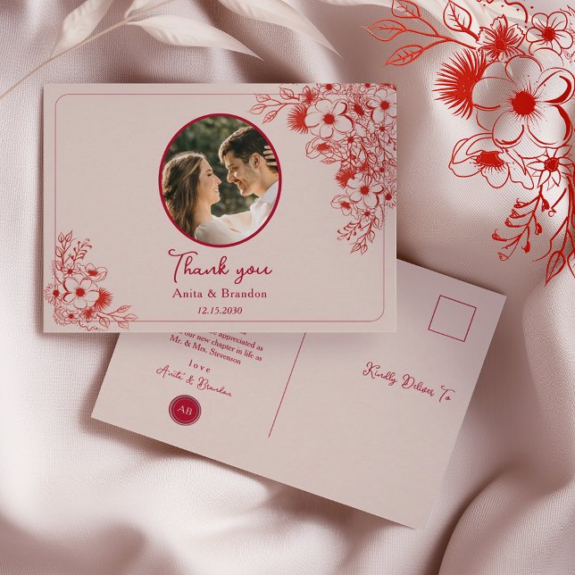 Pink Red Floral Wedding Thank You Postcard (Creator Uploaded)
