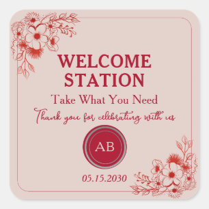 Pink Red Floral Welcome Station Square Sticker