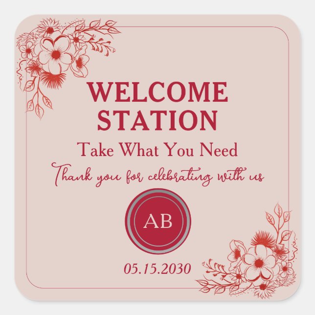 Pink Red Floral Welcome Station Square Sticker (Front)