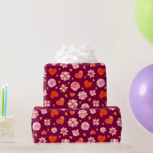 Pink & Red Flowers and Hearts  Wrapping Paper