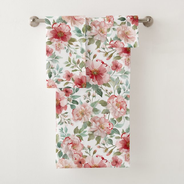 Pink Red Flowers Bath Towel Set (Insitu)