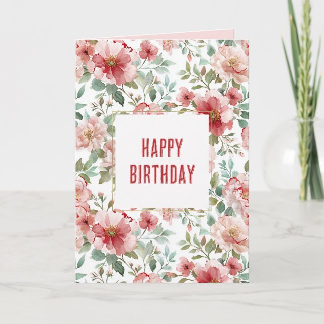 Pink Red Flowers Birthday Card (Front)
