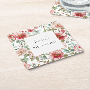 Pink Red Flowers Bridal Shower   Square Paper Coaster