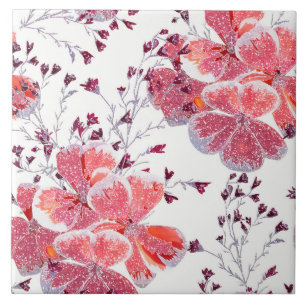 Pink-red flowers on white.  ceramic tile