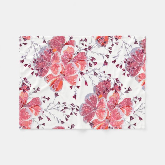 Pink-red flowers on white. fleece blanket (Front (Horizontal))