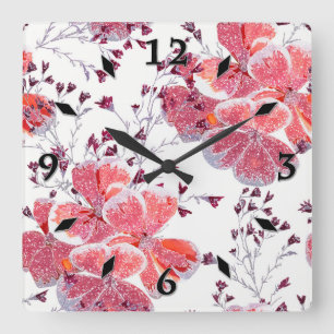 Pink-red flowers on white. square wall clock