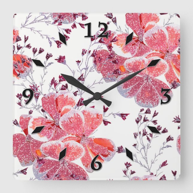 Pink-red flowers on white.  square wall clock (Front)