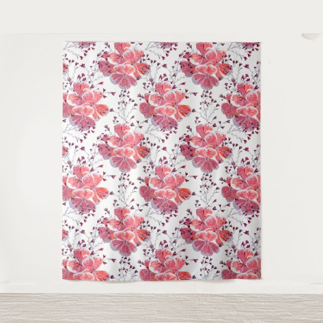 Pink-red flowers on white.  tapestry (Front)