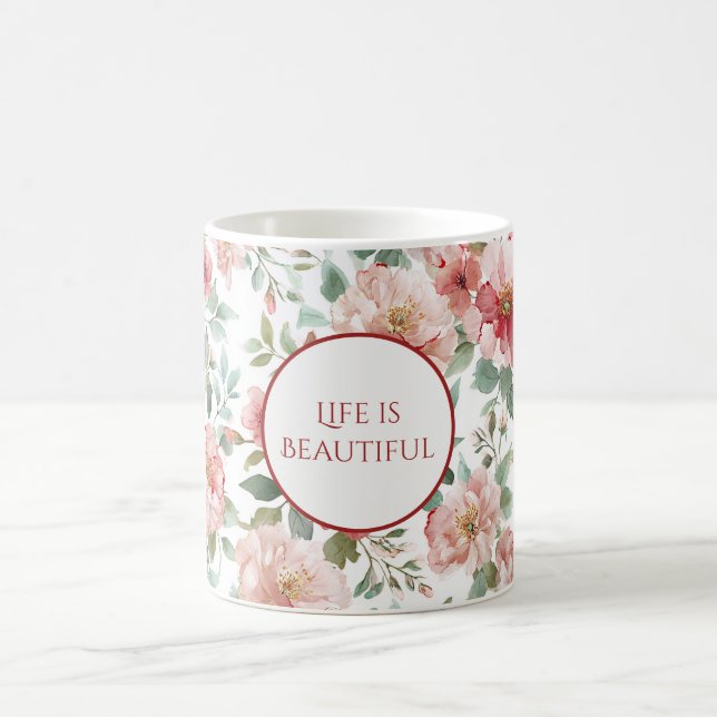 Pink Red Flowers Personalised Quote Coffee Mug (Center)