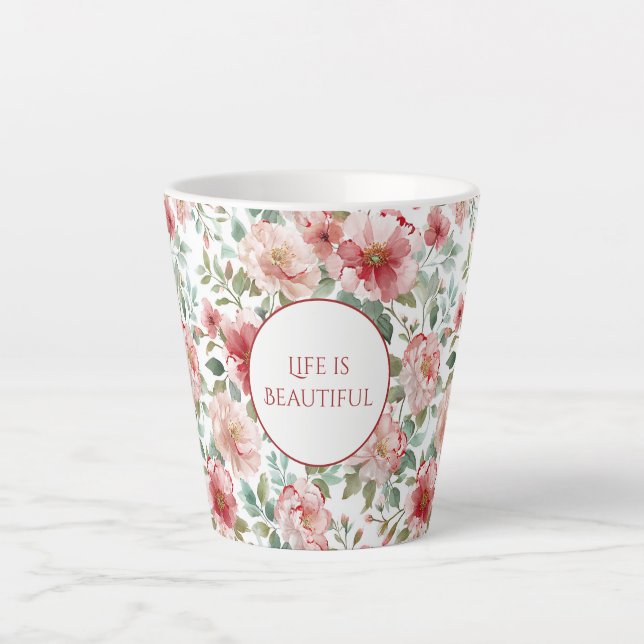 Pink Red Flowers Personalised Quote Latte Mug (Front)