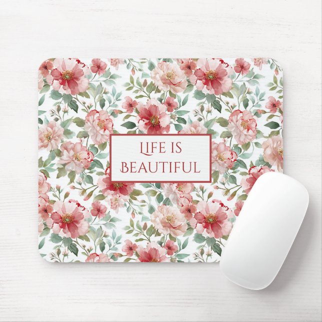 Pink Red Flowers Personalised Quote Mouse Pad (With Mouse)