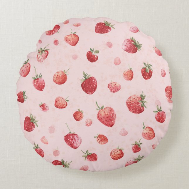Pink Red Fruit Strawberries Round Cushion (Front)