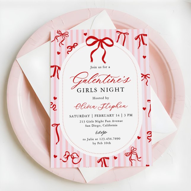 Pink Red Galentine's Day Party Coquette Bow Invitation (Creator Uploaded)